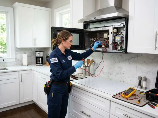 Appliance Repair Hero technician testing an over-the-range microwave in a Adelphia, NJ kitchen